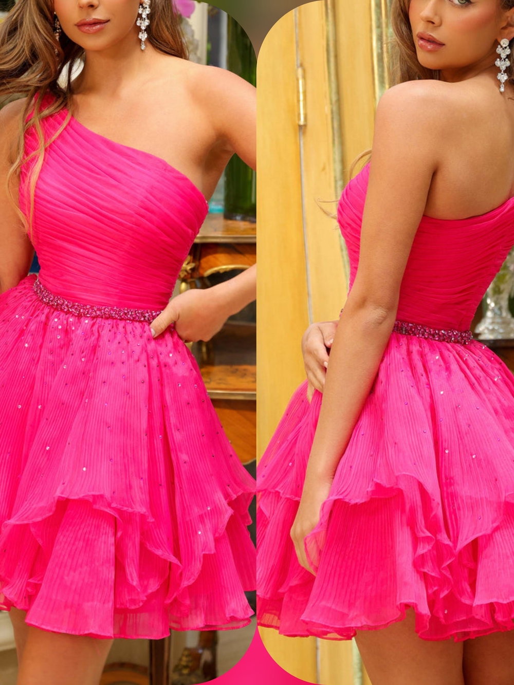 Asymmetric One-Shoulder Hot Pink Party Dress with Beaded Waist
